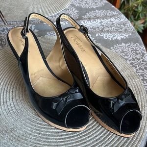 Trotters black heels, cork wedge, size 8